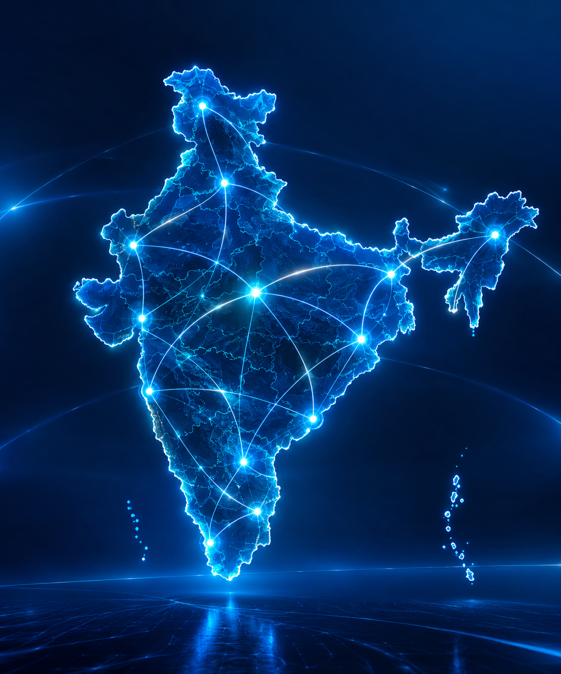 Neon blue map of India connected by glowing network lines